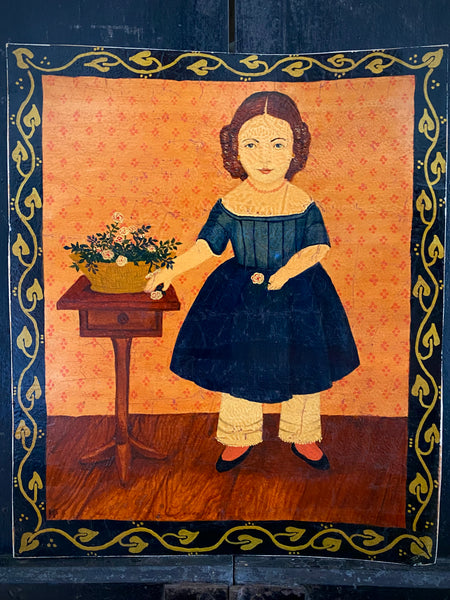 Naive Folk Art Oil Painting Girl With Flowers By Leslie Stafford (1949–2024) - Source Vintage