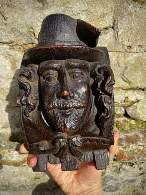 A Super English 16th Century Carved Oak Portrait Corbel Of Generous Size & Weight. Guy Fawkes…?