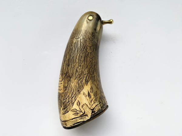 Antique 19th Century Carved Horn Game Keeper’s Snuff Mull With Swivel Dispenser Folk Art Bird Design - Source Vintage