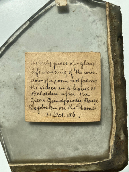 Rare Antique 19th Century Glass Memento From One Of The Most Devastating Non-Nuclear Explosions In British History With Period Handwritten Label