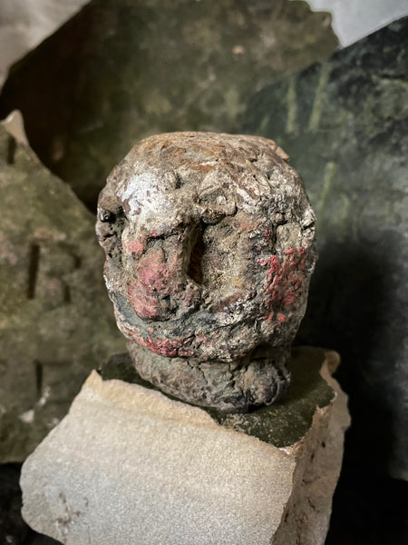 Disturbing Rare Antique 18th Century Early Composition Folk Art Witches Doll Head On Later Made Stand - Source Vintage