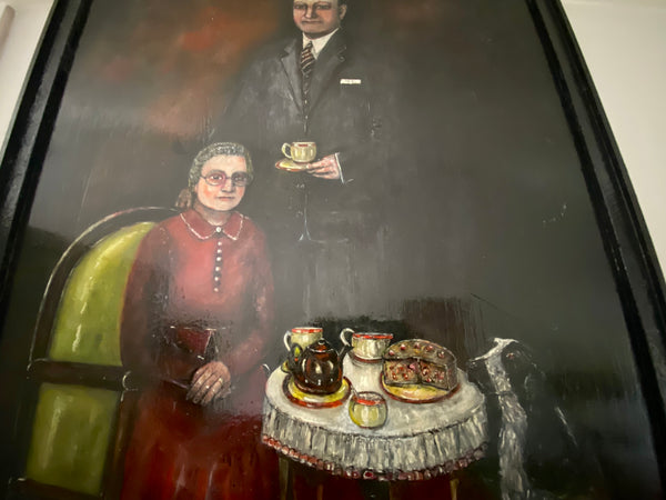 Vintage Naive Folk Art Portrait Painting Oil On Board By Ian. W. Edwards 1947-2024 - Source Vintage