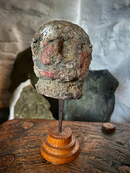 Disturbing Rare Antique 18th Century Early Composition Folk Art Witches Doll Head On Later Made Stand - Source Vintage