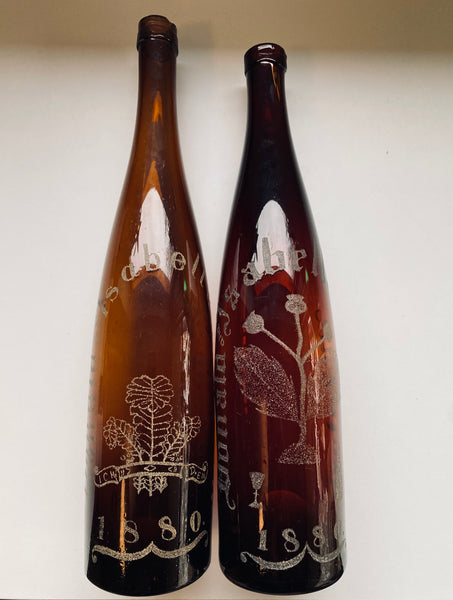 Rare Pair Antique 19th Century Stippled Folk Art Alloa Glass Wedding Bottles - Source Vintage
