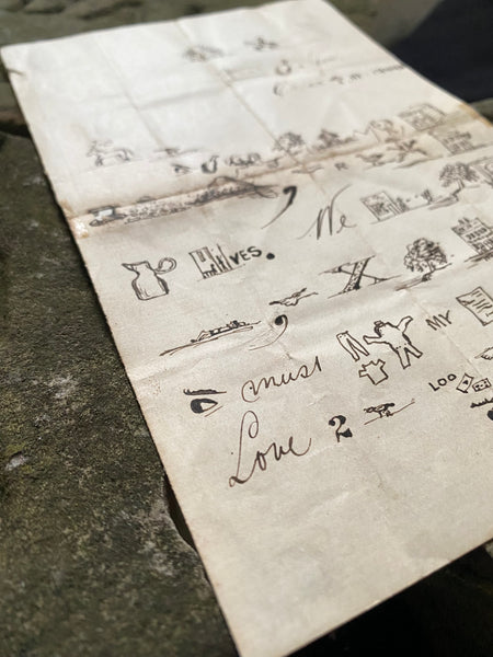 Rare Late 19th Century Handwritten Rebus Love Letter, A Type Of Coded Pictogram Message - Source Vintage
