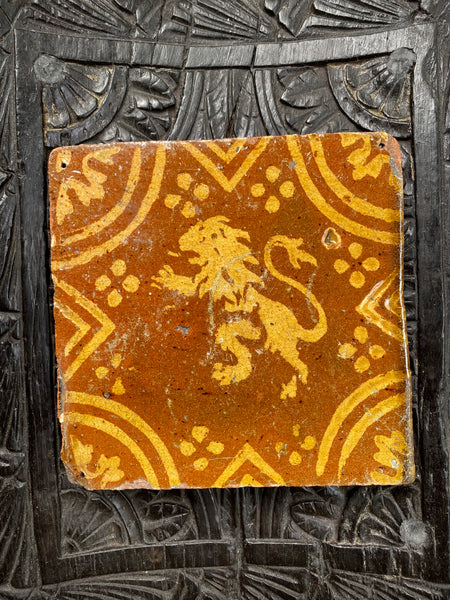 Antique Late 16th Century Glazed Rampant Lion Floor Tile Ex Alison Barker Collection