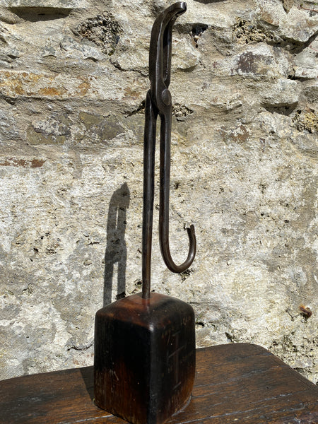Substantial Wrought Iron Curiosity Treen Base Engraved With Cross & Latin Phrase - Source Vintage