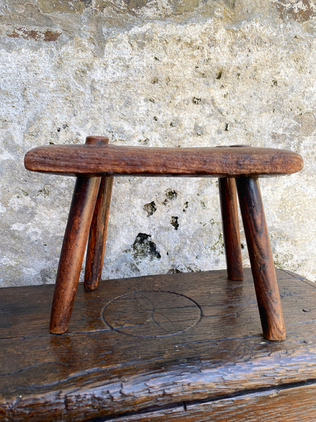 Rare Antique 18th C. English Elm Candle Stool With Carved Initials & Apotropaic Mark - Source Vintage