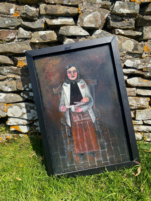 Vintage Naive Folk Art Portrait Painting Oil On Board By Ian. W. Edwards 1947-2024
