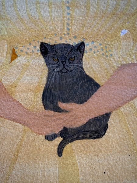 Naive Folk Art Oil Painting Child Holding A Cat By Leslie Stafford (1949–2024)