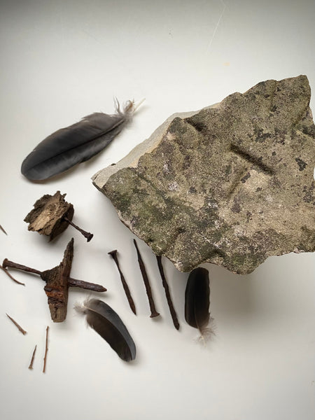 Grave Digger Collection Of An Early 19th C. Gravestone Fragment & Coffin Nails With Remnants Of Coffin Wood Of The Same Period - Source Vintage