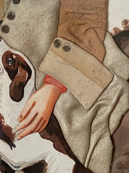 Antique Georgian Late 18th Century Folk Art Collage & Gouache Painting of English Gamekeeper & His Dog