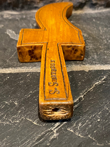 Antique Mid 19th Century Applewood Knitting Sheath With A Engraved Owner’s Name, ‘S. Smithson’, & Naive Image Of A Shoe - Source Vintage