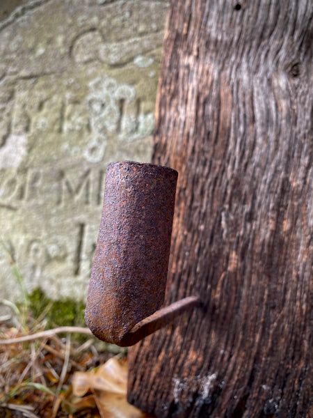 Primitive Antique 18th Century Wrought Iron Wall Spike Candle Holder Stabbed Into A Piece Of Wood