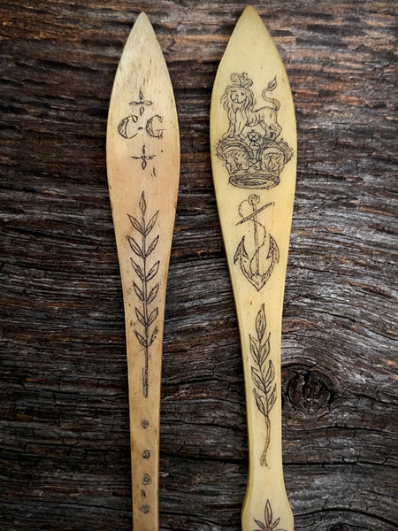 Pair Antique Early 19th Century Sailor Folk Art Carved Bone Salt Spoons With Patriotic & Maritime Motifs