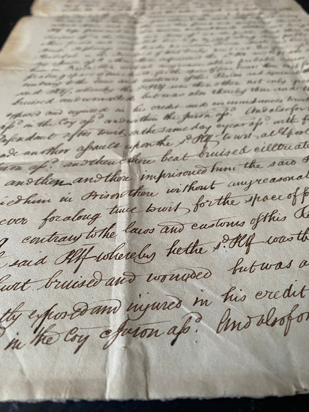 Curious Antique 19th Century Handwritten Manuscript Describing A Case Of Trespass, Violent Assault, Kidnap & False Imprisonment 1826