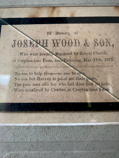 Rare Period Framed Memorial Card - Murder Of Joseph Wood & His Son By Robert Charter In Pickering 1872