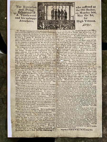 Rare Antique 19th Century Execution Broadside For The Execution Of Arthur Thistlewood and the Cato Street conspirators 1820 - Source Vintage