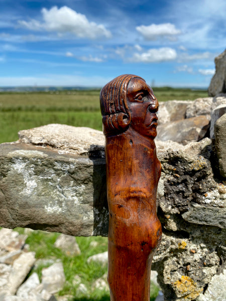 Fabulous 19th Century Folk Art Hedgerow Walking Cane With Carved Head & Horn Tip