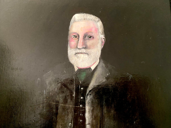 Vintage Naive Folk Art Portrait Painting Oil On Board By Ian. W. Edwards 1947-2024 - Source Vintage
