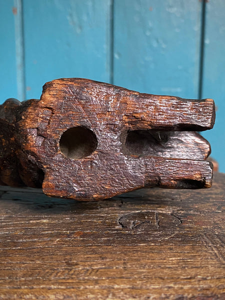 Pair Charming Antique 17th Century Oak Hounds In Recumbent Poses With Naive Grimacing Faces