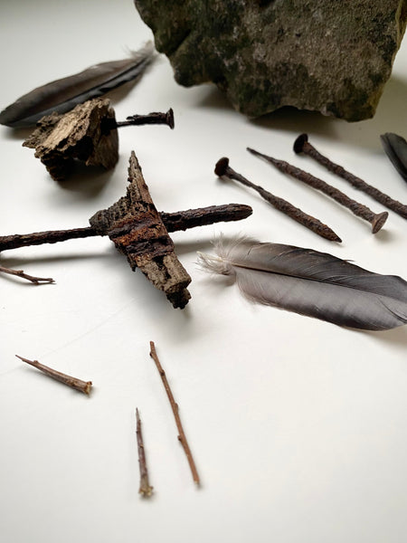 Grave Digger Collection Of An Early 19th C. Gravestone Fragment & Coffin Nails With Remnants Of Coffin Wood Of The Same Period - Source Vintage