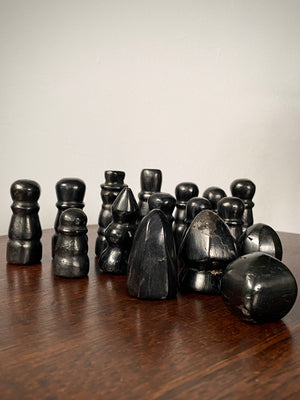 Rare Antique Folk Art 19th Century Carved Cannel Coal Chess Set