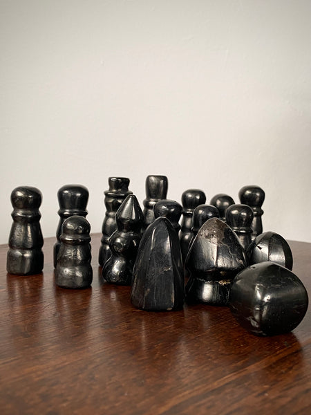 Rare Antique Folk Art 19th Century Carved Cannel Coal Chess Set