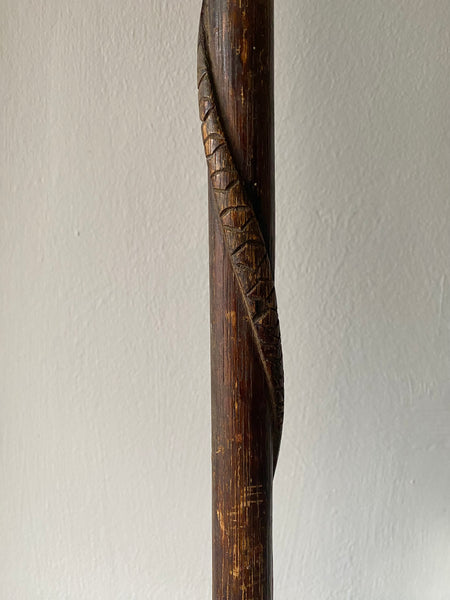 Rare Antique Carved Folk Art Walking Cane With Snake & Glass Marbles Inside c.1900 - Source Vintage
