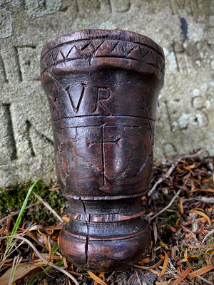 Rare 18th Century Goblet Carved From A Single Piece Of Oak With Assortment Of Protection Marks Dated 1779