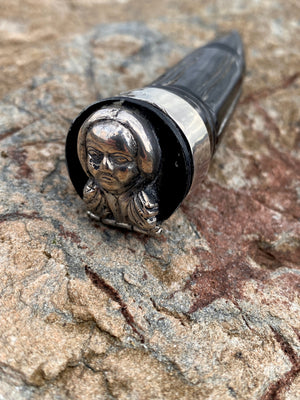 Rare Antique 19th Century Carved Horn & Sterling Silver Snuff Mull With Mysterious Allegorical Silver Head