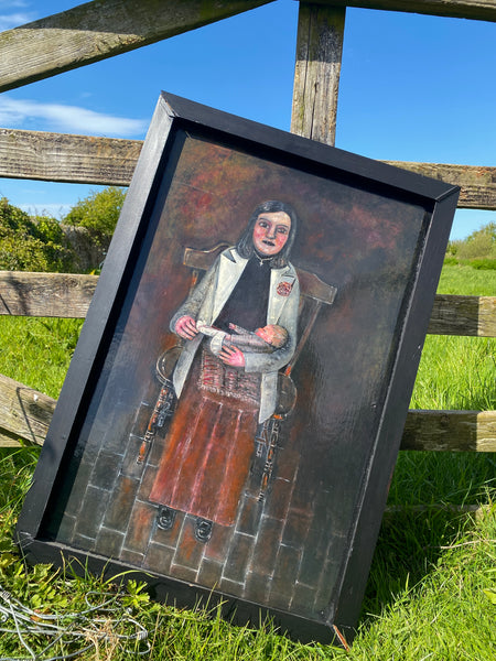 Vintage Naive Folk Art Portrait Painting Oil On Board By Ian. W. Edwards 1947-2024 - Source Vintage