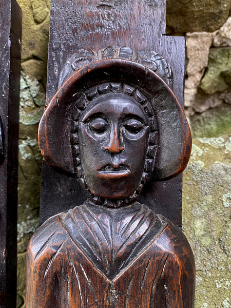 Utterly Charming Pair Antique Folky Carved Wooden Caryatid Figures