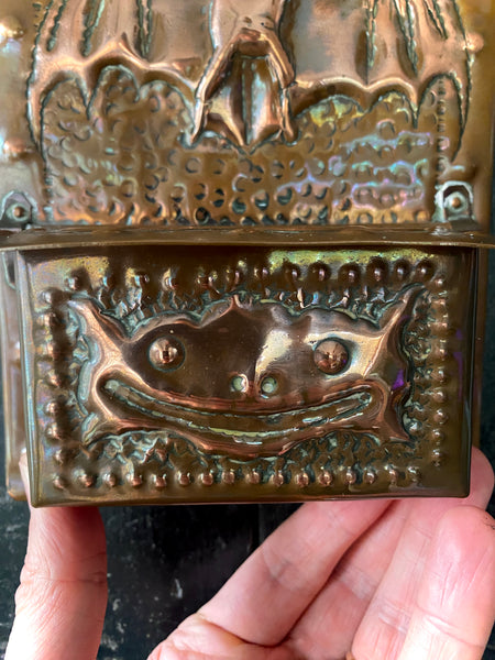 Mythical Antique Arts & Crafts Copper Wall Mounted Match Safe