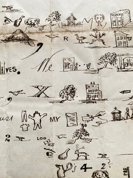 Rare Late 19th Century Handwritten Rebus Love Letter, A Type Of Coded Pictogram Message - Source Vintage