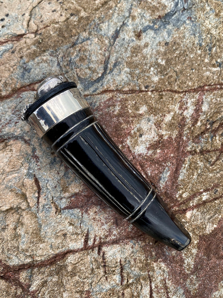 Rare Antique 19th Century Carved Horn & Sterling Silver Snuff Mull With Mysterious Allegorical Silver Head - Source Vintage