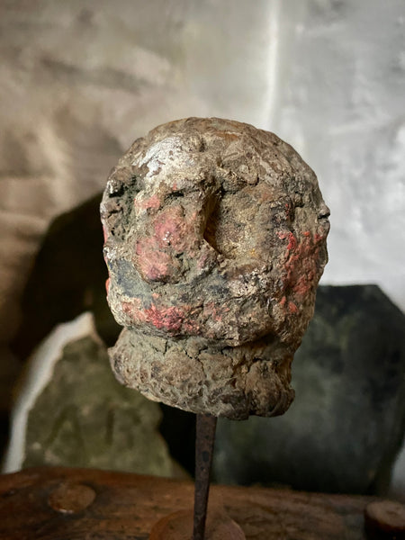 Disturbing Rare Antique 18th Century Early Composition Folk Art Witches Doll Head On Later Made Stand - Source Vintage