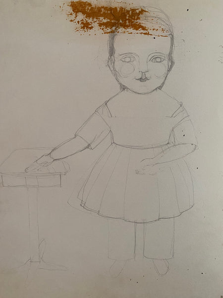 Naive Folk Art Oil Painting Child Holding A Doll By Leslie Stafford (1949–2024) - Source Vintage