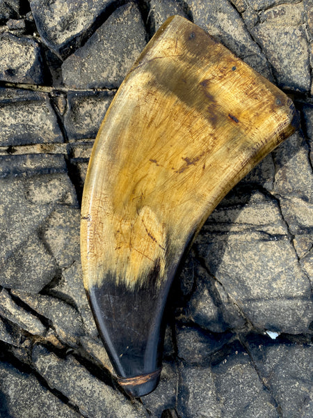 Antique 19th Century Powder Horn Featuring A Prominent Daisy Wheel Or Hexafoil