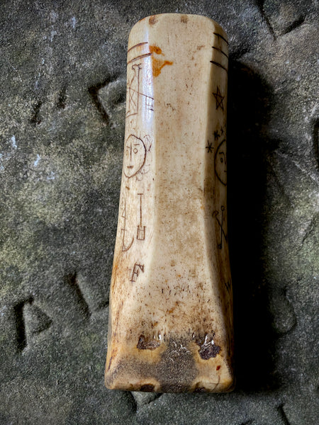 Antique 19th Century Carved Bone/Antler Sailor Folk Art Seam Rubber With An Array Of Symbolic Graffiti