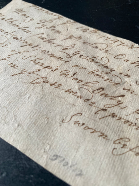 Rare Antique 18th Century Handwritten Sworn Statement Concerning The Body Of A Martin Mackinson & The Burying In Woollen Act