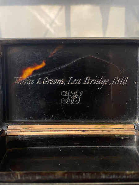 Antique 19th Century Snuff Box With Naive Period Painting Of The ‘Horse & Groom’ Pub, Lea Bridge, Engraved Inside & Dated 1816