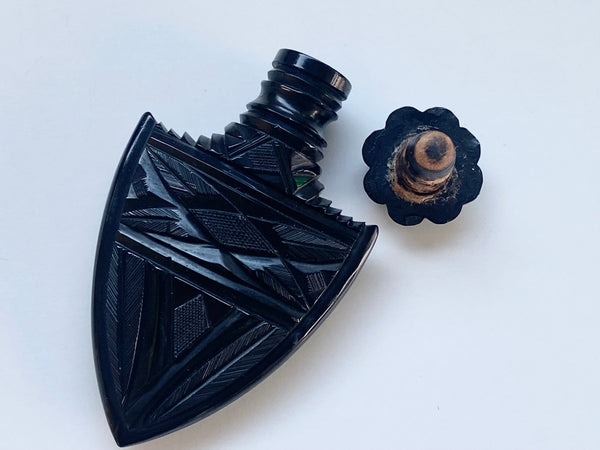 *RESERVED FOR JACQUELYN* Rare Antique 19th Century Carved Whitby Jet Scent Bottle