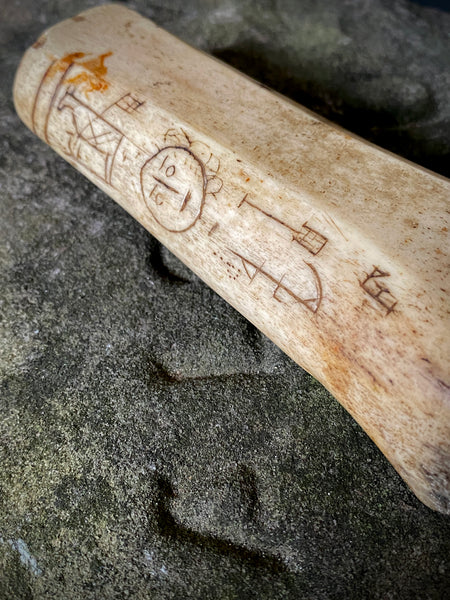 Antique 19th Century Carved Bone/Antler Sailor Folk Art Seam Rubber With An Array Of Symbolic Graffiti