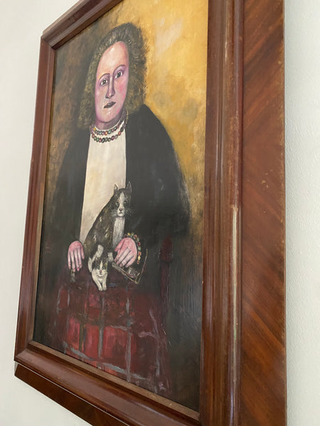 Vintage Naive Folk Art Portrait Painting Oil On Board By Ian. W. Edwards 1947-2024 - Source Vintage