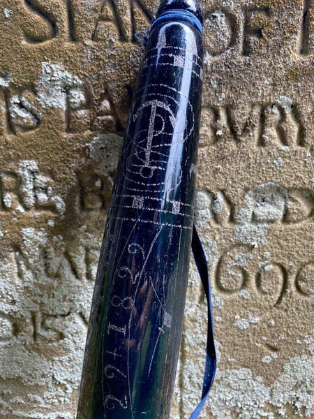 Rare 19th Century Folk Art Glass Rolling Pin Profusely Stippled With Name, Date & Various Seafaring Imagery