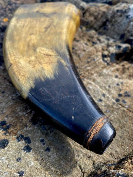 Antique 19th Century Powder Horn Featuring A Prominent Daisy Wheel Or Hexafoil