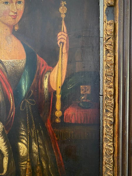 Antique Mid-19th Century Oil On Board Folk Art Portrait Painting Of A Young Queen Victoria c.1838
