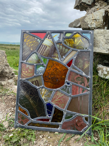 Decorative Folk Art Patchwork Of Fragments Of Antique 19th Century Stained Glass - Source Vintage