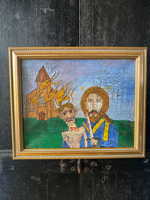 Vintage Naive Oil On Canvas Folk Art Painting